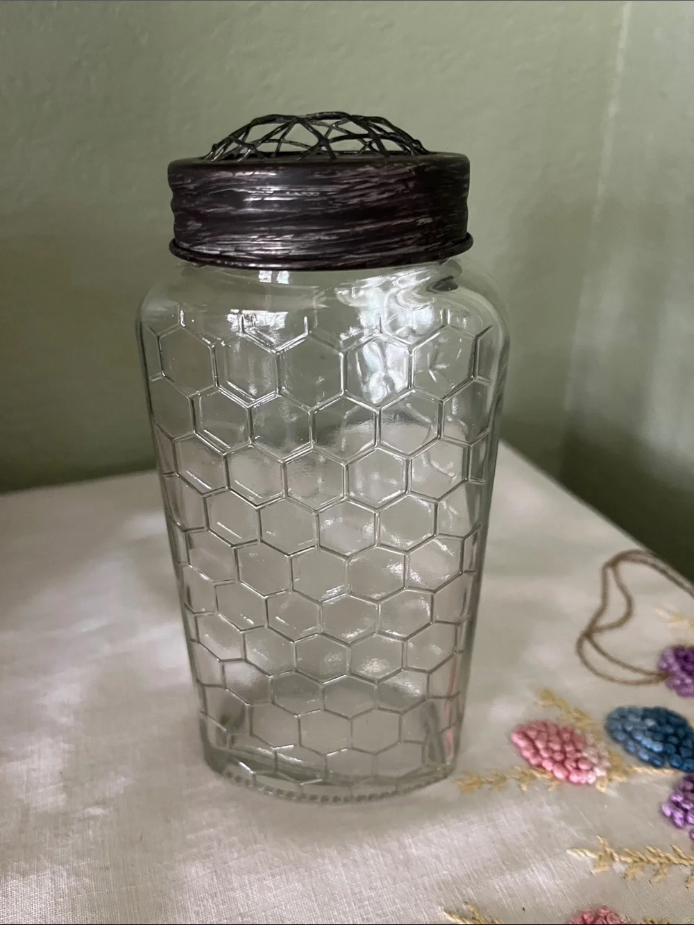 Clear Honeycomb Glass Vase with Dark Metal Rim - Home Accents